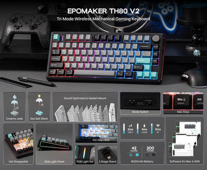 EPOMAKER TH80 V2 Mechanical Keyboard – 75%, Tri-Mode, 8000mAh, Gasket Mount, RGB