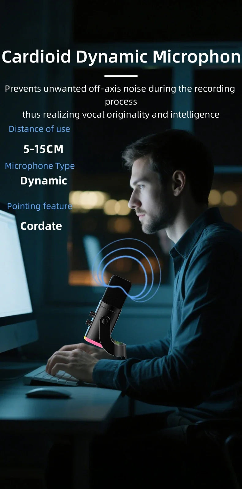 RGB Gaming Microphone – USB-C & XLR, Noise Cancellation, Reverb, 3.5mm Monitor
