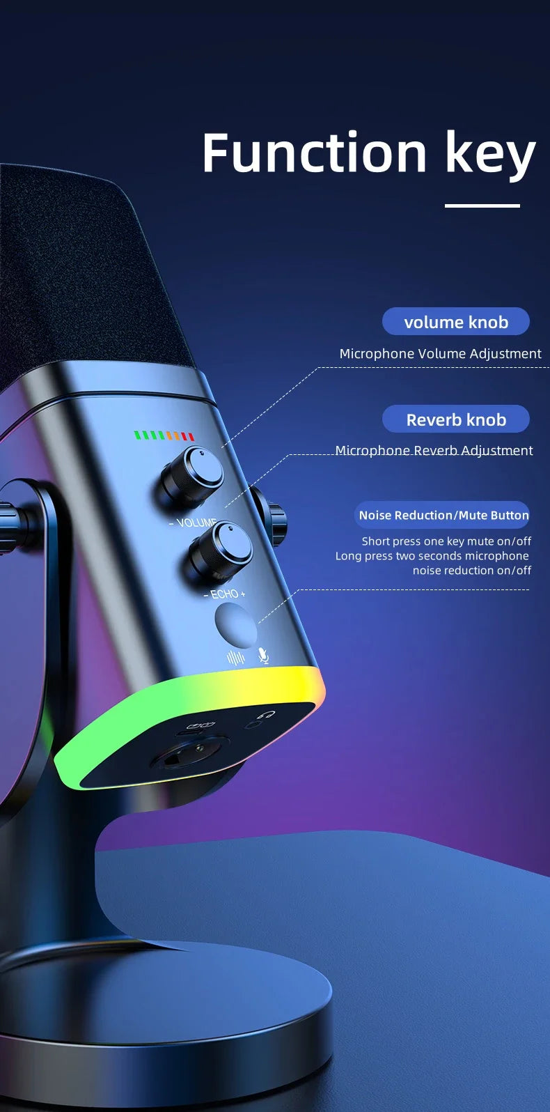 RGB Gaming Microphone – USB-C & XLR, Noise Cancellation, Reverb, 3.5mm Monitor