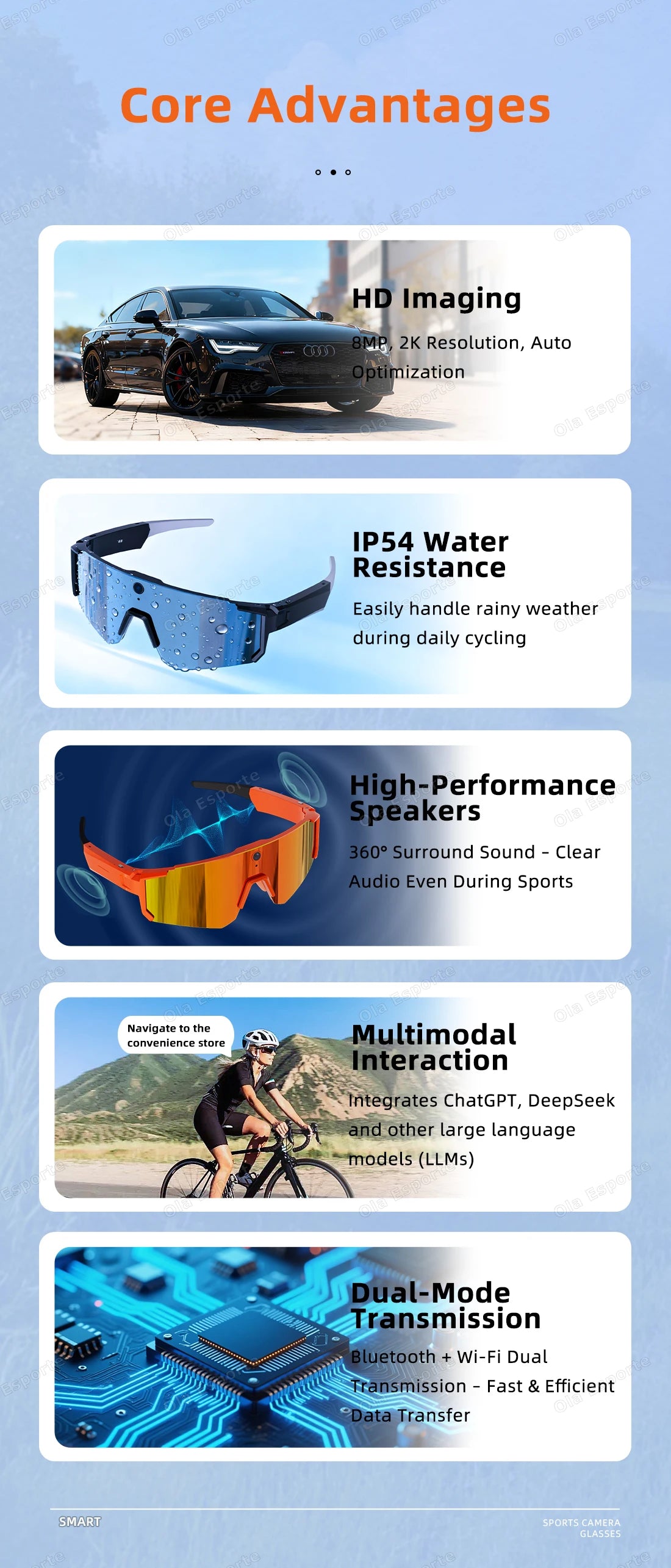 Ola Esporte AI Smart Cycling Glasses – 1080P Camera, UV400, Bluetooth 5.3 & AI Translation
