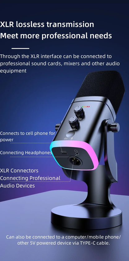 RGB Gaming Microphone – USB-C & XLR, Noise Cancellation, Reverb, 3.5mm Monitor