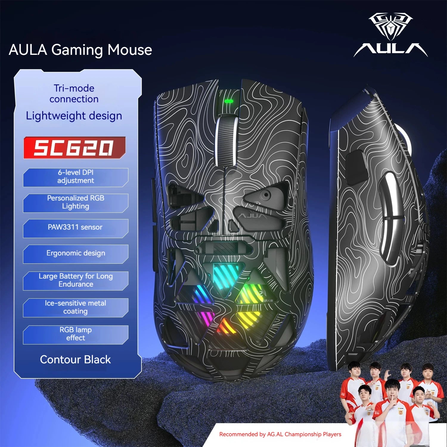AULA SC620 Wireless Gaming Mouse – PAW3311, Tri-Mode, 12800 DPI, Hollow Design