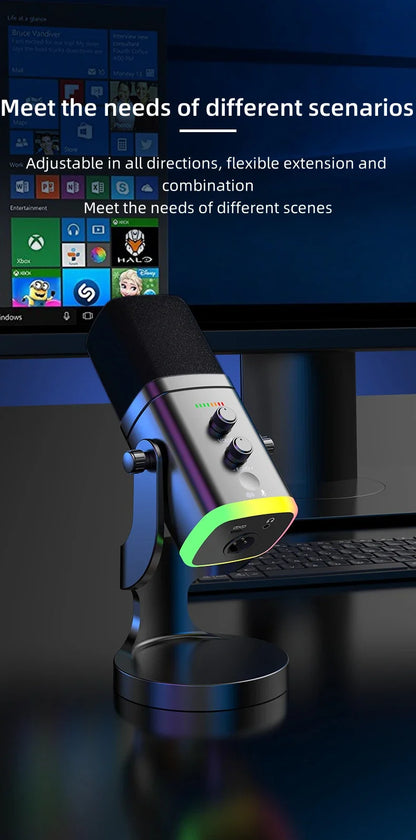 RGB Gaming Microphone – USB-C & XLR, Noise Cancellation, Reverb, 3.5mm Monitor