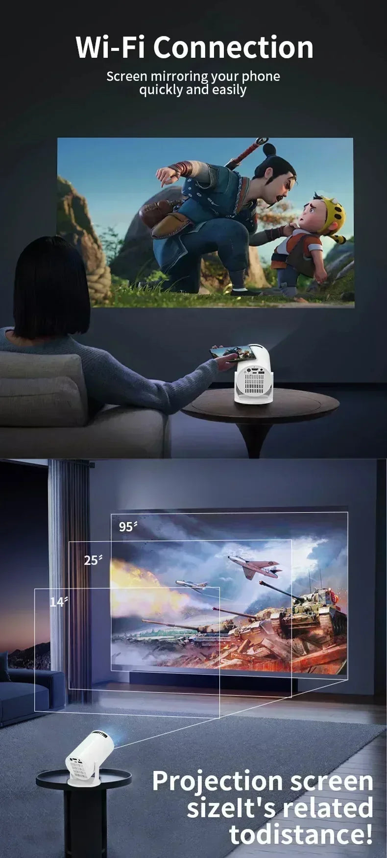 BKHK HY300 Mini Portable Projector – 1080P, 8000LM, 150”, Android, WiFi, Bluetooth